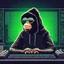 Placeholder: A Monkey sitting in front of a computer, wearing a hoodie and sunglasses. Matrix in background. Pixel Art. Profile Picture. Avatar. Pixel