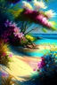 Placeholder: full light,highlight, trees, water, day, sun day, an idyliic beach with bright colorful flowers, ocean, sun,flower, paradise, realistic art, brush, pencil, detailed