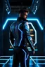 Placeholder: cyberpunk, neon blue, triangle of light behind the back, cyber suit, geometric patterns on a suit, male