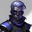 Placeholder: Generate a dungeons and dragons character of the face and torso of a young, male Drow (dark Elf), young, dark purple white skin with a hint of blue. hair should be short, white. dark black cloth and dark purple and black leather armor. wearing round goggles to block sunlight. slight gray in the back ground. slight smile. short hair tied back pointed ears thin lips.