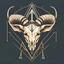Placeholder: Create a vector style illustration of a goat skeleton with buffalo horns and a triangle with a mystical style eye on its forehead.
