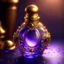 Placeholder: Golden round perfume bottle with purple crystal cap and small purple decorations. Illustrative art, art interpretation, concept art, cgsociety contest winner, seasonal art, seasonal art HD, 4k, 8k, intricate, detailed, intricately detailed, luminous, translucent fantasy crystal, holographic data, soft body, shadow play, light, fog, atmospheric, cinematic, light film, hyper-detailed, hyper-realistic, masterpiece, atmospheric, high resolution, 8k, HDR, 500px, mysterious and artistic digital art, p