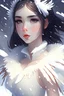 Placeholder: Anime face, beautiful winter goddess, complex beautiful face, portrait with knees up, "Laura Savoy style, white, anime, small nose, snow white skin, cool tone, feathers behind her back, wearing ballet skirt dancing in the snow