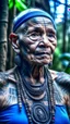 Placeholder: Front view,hyperrealistic, ultra HD shot of an old woman with Mayan features, tribal tattoos, textured copper skin, elongated skull, tribal jewelry, large, Background of the figure in a jungle environment.