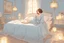 Placeholder: A beautiful woman with short brown hair in pastel blue lace robe is lying on a bed in a cute luxurious bedroom gold tapestry in the candlelight