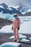 Placeholder: Fashion film in the icefields of Patagonia, a stunning supermodel in an incomplete Astronaut pink bronze suit discover the icefields and giant iceblocks and icebergs using stunning poses we can see her face through the glass . Supreme landscape, inticate background and a minimalist composition that creates a great megalophobia effect. Old lens, old Kodak vision filmstock, 1600 iso.