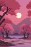 Placeholder: a land scape of Japanese garden, big moon, red sky in the night , surrounded by cherry blossom trees, cel shading