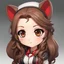 Placeholder: a close-up headshot of a chibi woman with long brown hair, red eyes, brown ferret ears, a mischievous expression, American clothes, intricately detailed, masterpiece, anime chibi doll