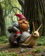 Placeholder: .Cute Funny Fat Dwarves,wearing adorned armor,he on riding giant snail armored walk dynamics move in beautiful forest giant trees oaks background