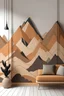 Placeholder: Create a handpainted geometric wall mural inspired by mountain sports, featuring asymmetric peaks and climbing rope patterns. Use earthy tones to bring a sense of adventure and elevation."