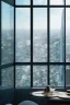 Placeholder: very close up of a very big luxury wrist watch with dark mirror glass stands on table in balcony skyscraper and reflects modern city environment image , to the camera ,centered.