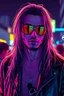 Placeholder: male cyberpunk solo with long hair, Spainish, Wearing Urban Gang Flash and mirrored sunglasses, suave, strong, gang tatoo, nice, Retroanime, rembradt lighting, neon complementary colors