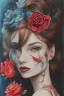 Placeholder: blue Pencil drawing of a woman with red lips and flower in hair on watercolor paper