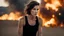 Placeholder: beautiful slender caucasian female technician, black tank top, well toned muscles, weathered face, scratched sand camo metal details, short brunette wavy bob haircut, dystopian, desert scene, being hit by a bullet, explosions in background