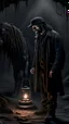 Placeholder: A man with oil lamp in a Coal mine.
