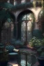 Placeholder: Antique themed garden, antique garden furniture, forsted glass windows, stained glass doors, modern and antique mix, expensive vibes, dim lighting, plants, courtyard, fountain