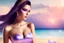 Placeholder: very nice real face beautiful sexy roman with make up at the beach standing pose in a short lace purple and silver dress, full body, 3D cloudy sky volumetric nice clouds 8k sharp focus,sunset,golden hour,medium shot