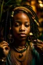 Placeholder: earthy black young woman listening to music with small old school headphones, soul, peace, majestic, earthy colours, at peace, happy, incense, jewels, bands, natural, old school headphones, blasian eyes, incense, very dark skin, crystals, gold arm bands, locs with beads, mouth slightly open, full lips with liner