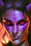 Placeholder: purple skin, glowing fiery eyes, smirk