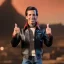 Placeholder: wide view Uoung Fonzie with blackhair toy Action figure doll 1975 realistic (thumbs-up) (face) Forehead grin, fonzarelli, jukebox background, eyes