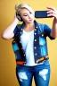 Placeholder: blonde taking selfie.thick thighs,thick calves,flat belly,curvy fell. NOVEL kind of bolero, which is sewed of recycled sliced Denim, which condescends with integrated bag[SIC]. It is sewed together of camouflage pieces, whose color are all denim colors, orange, cream, brown and purple. Big colored headphones (gold rings!) is merged with small felt cap with small visor. It is with big bright purple felt tippet and birght-colored-hood is merged with colorful beanie. Style: 1980's Finland