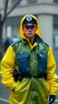 Placeholder: vintage retro nypd full body color policeman wtih heavy yellow rain transparent coat