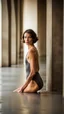 Placeholder: anorexic beautiful woman, age 21, total shot, short anthracite triathlon swimsuit, wavy bob haircut, brunette hair, blurred concrete background