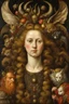 Placeholder: a Flemish Renaissance era oil painting of an otherworldly, richly adorned, demoness , highly detailed hair and facial features, in the style of Pieter Brueghel, Jan van Eyck, Quentin Matsys, and Hieronymus Bosch, aged canvas, antique craquelure finish, archaic museum quality masterpiece, 4k