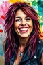 Placeholder: head and shoulders portrait, Miss Motley Crue - Smiling, a multicolored watercolor stained wall in the background, 4k, 8k, 32k UHD, Hyper realistic, extremely colorful, vibrant, photorealistic, realistic, sharp, highly detailed, professional quality, awesome, majestic, superb, trending on artstation, Cinematic, Real, Life like, Highly detailed, sharp, focused, fantastic