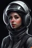 Placeholder: A DIGITAL ART portrait of a sci-fi pilot woman. She is 30 years old. She has a pilot helmet. She is reckless. She has got dreams. Her eyes are beautiful and bright. Grey