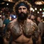 Placeholder: full figure photography of a burly trucker muscular strong 42-year-old turkish in a discoteque, serious, shirtless, short beard, dancing rock shirtless, manly chest, big shoulder, tribal tattoo, very hairy, side light, view from the ground