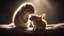 Placeholder: romantic photograph of two small animals in a loving relationship, halo lighting, chiaroscuro, beautiful photo