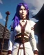 Placeholder: female monk healer, lathe build, wearing white robe, small boots, light white crop top, big detailed eyes, eyes are both in proportion, eyes with pupils, 3/4 look, long red hair, hair has one dark streak, small up turned nose, large breasts, small waist, round butt, standing, dark cobblestone alley, one halo white light behind head, non photorealistic rendering in the art style of j.scott campbell