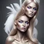 Placeholder: A beautiful body of a nude make up woman blond long color hair, high key lighting, volumetric light high details with white stripes and feathers and celtic paterns