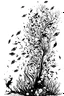 Placeholder: Ink drawing of falling flowers, upward swimming fish, black and white, minimalistic, surreal, dreamy, white background