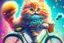 Placeholder: Fluffy tabby cat, adorable kitten, miniature bicycle, whimsical scene, playful concept, vibrant colors, detailed fur texture, charming expression, dynamic composition, cartoonish style, digital art, creative and imaginative, bright and lively palette, joyful atmosphere, skillful rendering, high resolution, skillful lighting to enhance cuteness.