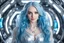 Placeholder: very beautiful girl with sweet smily, long blue hair, blue eyes, bright errings, silver dress, surrended by interior spaceship