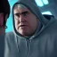 Placeholder: John Candy sad and crying in hoodie cyberpunk very detailed cinematic unreal engine photo realistic