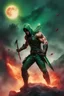 Placeholder: Green Arrow, Strong, athletic physique, action poses, battle scars, blood, foggy, cloudy background, multicolored lightning, flowing lava, Full Eclipse, aliens, explosions, bright, vibrant, extremely colorful, detailed, blood red skies