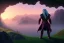 Placeholder: dark elf man, drizzt, pink eye, fantasy, forest, sunset, mystic, fog render unreal, cave exit, mountain, 2 scimitars, big landscape, green raincoat, green hood