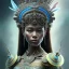 Placeholder: Sango fantasy, fantasy magic, intricate, sharp focus, illustration, highly detailed, digital painting, concept art, matte, art germ and Paul Lewin and Kehinde Wiley, masterpiece Mayan princess dancer head bronze feather's' Asian Latin girl nice breast brown Thai hair turquoise silver blue sky