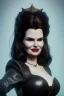 Placeholder: Geena Davis as evil queen in black leather, leather, busty, cleavage, angry, rage, stern look. character design by cory loftis, fenghua zhong, ryohei hase, ismail inceoglu and ruan jia. unreal engine 5, artistic lighting, highly detailed, photorealistic, fantasy