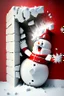 Placeholder: 3d Christmas snowman, smashing out through a wall, plaster texture, white and red, 3d background