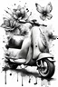 Placeholder: A flash of 10 drawings modern realism with some ink splashes ideas and original designs of a vespa with a fleur-de-lis. Black in on white background