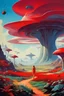 Placeholder: Amazing landscape of Roger Dean style futuristic multi-color organic forms. Girls in cute red translucent revealing uniforms hunt giant alien insects amidst a scenery of fields of exotic fauna and flora. Tube city and their male counterparts in the background .