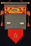 Placeholder: an autumn colored textured cloth banner hanging with embroidered ornamental leaves and cows, small blank oval brass engraving plate in upper middle, banner is downward pointed bottom, on dark background