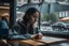 Placeholder: Woman reading in a cafe, while it rains on the city street, real photography, photojournalism, 16K, shot with a 35mm Leica camera