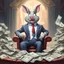 Placeholder: rich pig in suit on a throne making stacks of money by making a deal with a buisnessman. bugs bunny making sick beats in a background as he is known musician