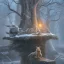 Placeholder: fantasy art of big wolf and wizard walking on very tight tree bridge over icy water