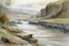 Placeholder: River scene by grey cliffs in wet watercolour